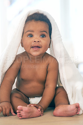 Buy stock photo Adorable baby, black kid and blanket for play, fun and newborn on nursery room floor, happiness and relax. Happy young infant child, girl and body of healthy development, growth and nurture in house