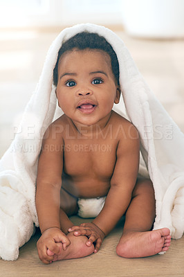 Buy stock photo Adorable baby, black child and blanket for play, fun and newborn on nursery room floor, happiness and relax. Happy young infant kids, girl and smile of healthy development, growth or smiling in house