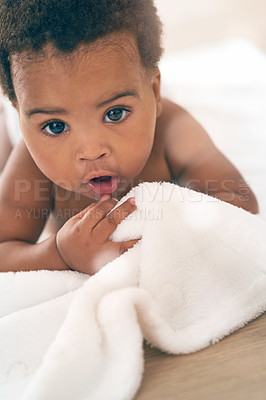 Buy stock photo Cute baby, black child and crawling on blanket for play, fun and relax in nursery room. Adorable young african infant kids, girl and face of healthy development, growth and learning to crawl in house
