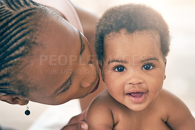 Buy stock photo Mother with baby, face and hug with family, content and bonding with love and early childhood, female and happiness. Black woman, mom holding child with parenting, motherhood and cuddle with care