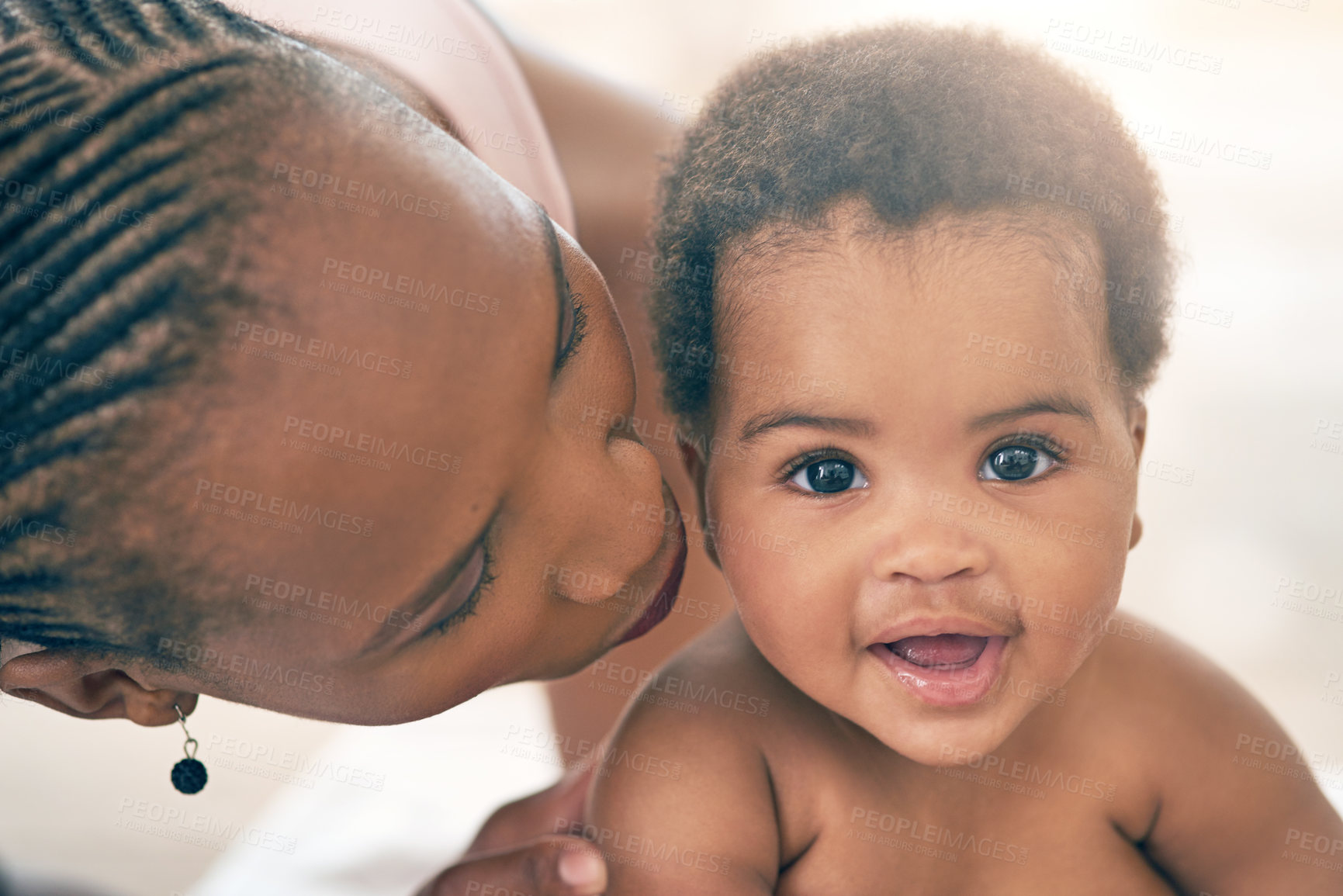 Buy stock photo Mother with baby, face and hug with family, content and bonding with love and early childhood, female and happiness. Black woman, mom holding child with parenting, motherhood and cuddle with care