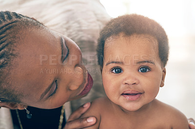 Buy stock photo Black woman with baby, face and love with family, content and bonding with early childhood and happiness. African female, mother holding child with parenting, motherhood and cuddle with care