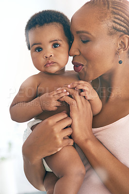 Buy stock photo Mother, baby and black family together for love, care and support for growth and development. Happy woman and infant child in house for bonding, security and to relax with mama on mothers day