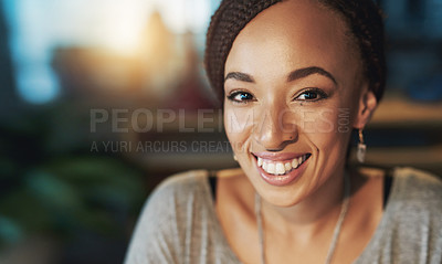 Buy stock photo Portrait, happy and woman on office mockup for business, pride and remote job at night. Freelance designer, smile or face on work space for portfolio update, international contact or startup in dark