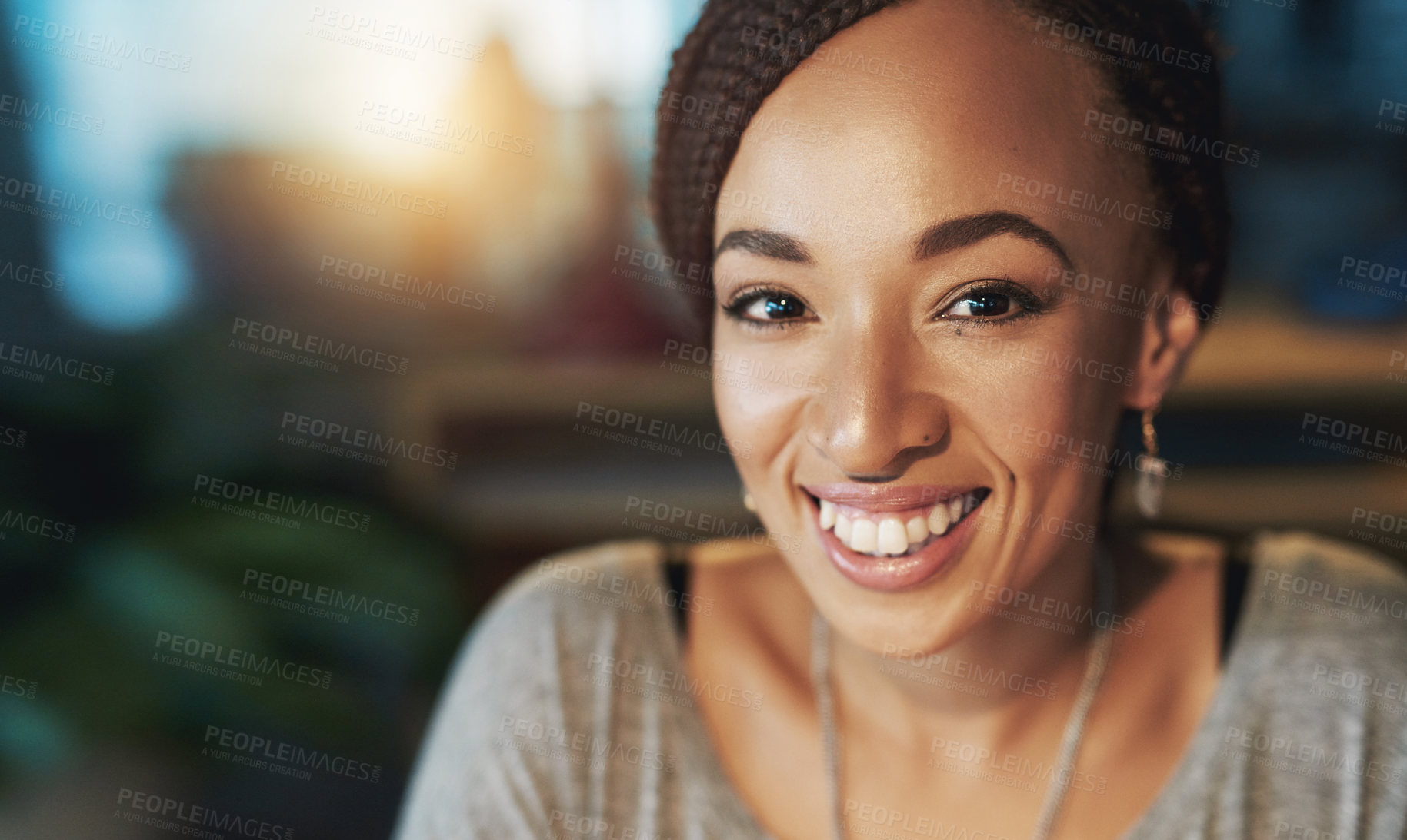 Buy stock photo Portrait, happy and woman on office mockup for business, pride and remote job at night. Freelance designer, smile or face on work space for portfolio update, international contact or startup in dark