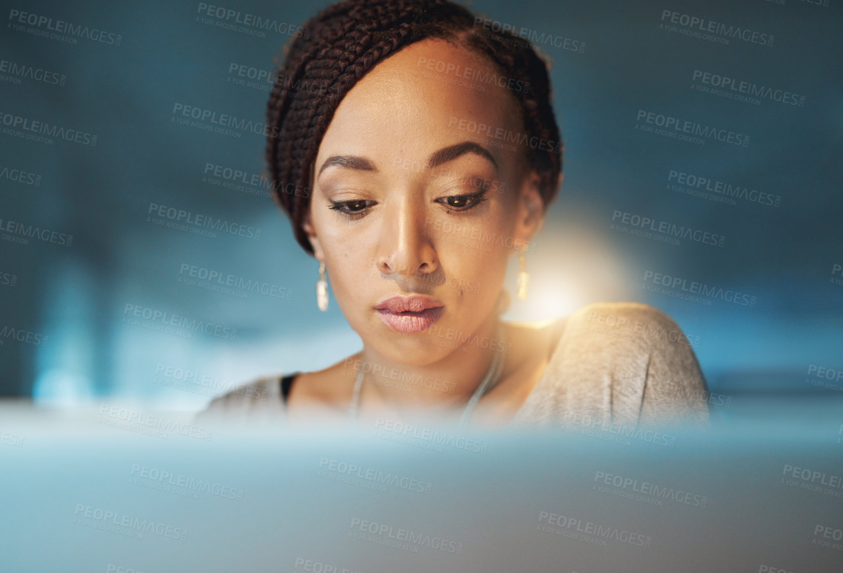 Buy stock photo Creative, woman and computer for reading in office for editorial feedback, research reports and news articles or updates. Female journalist, online and serious for copywriting, publishing and editing