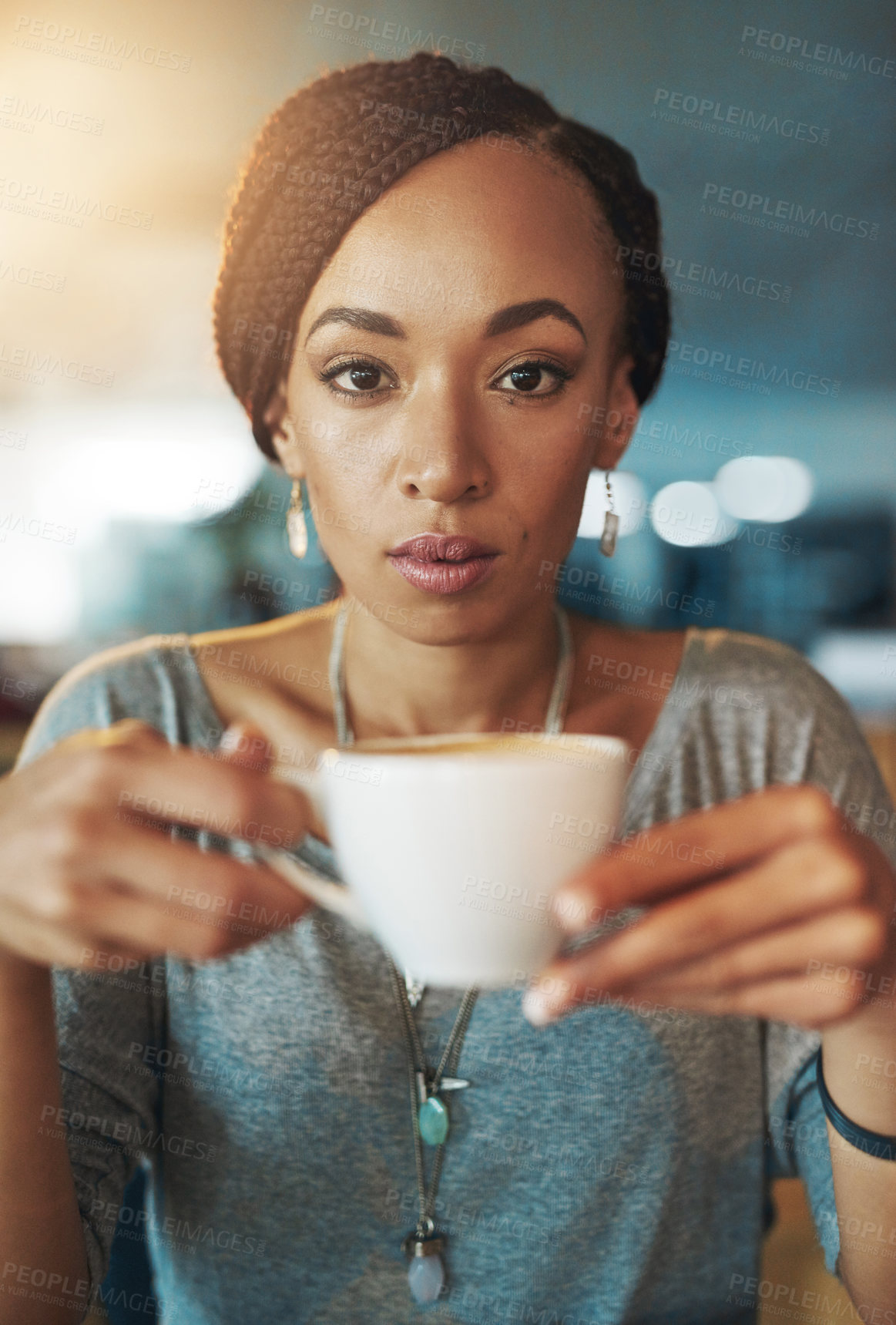 Buy stock photo Coffee, office and portrait of business woman with latte beverage, tea and caffeine for break. Creative agency, professional and face of person with drink for rest at job, career and working at desk