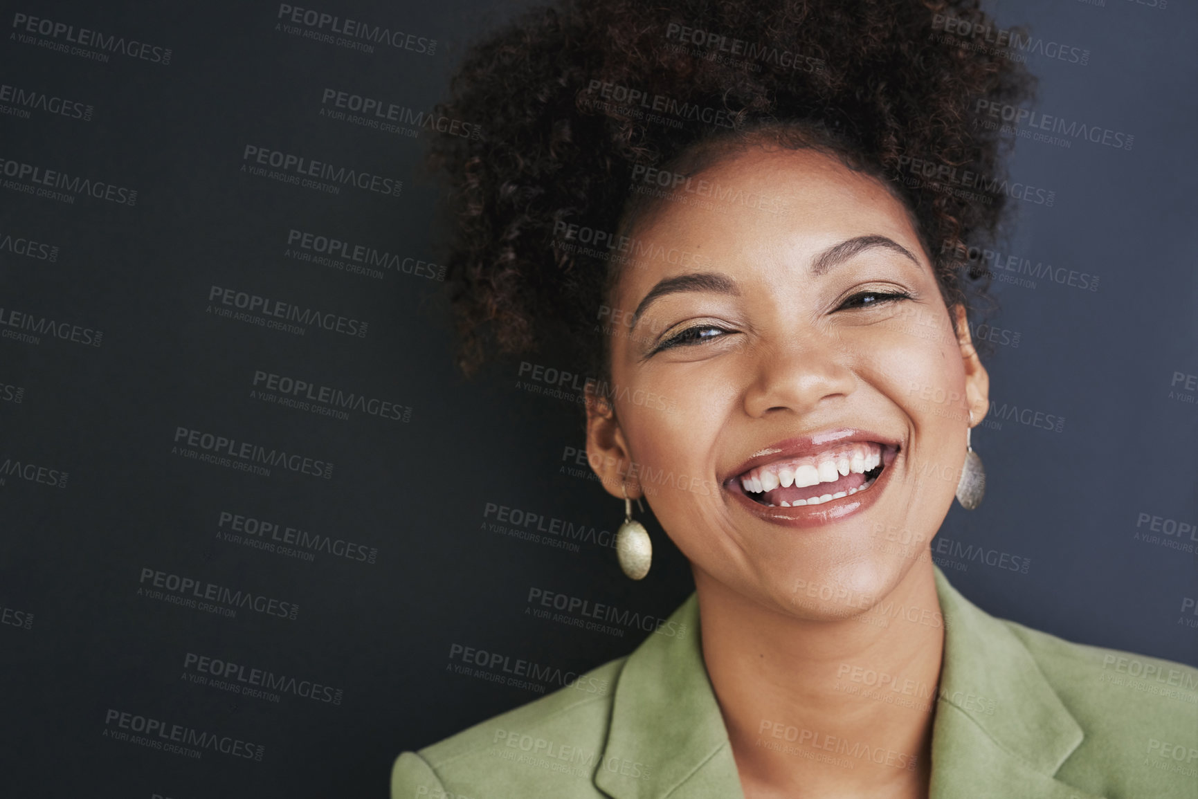 Buy stock photo Business, woman and smile with portrait in studio for professional company, career and job pride. Happy, person and entrepreneur by mockup space for startup, confidence and worker on black background