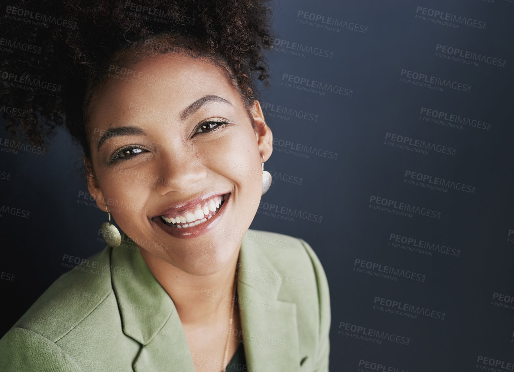 Buy stock photo Business, woman and happy with portrait in studio for professional career, company and job pride. Person, smile and entrepreneur by mockup space for confidence, startup and worker on black background