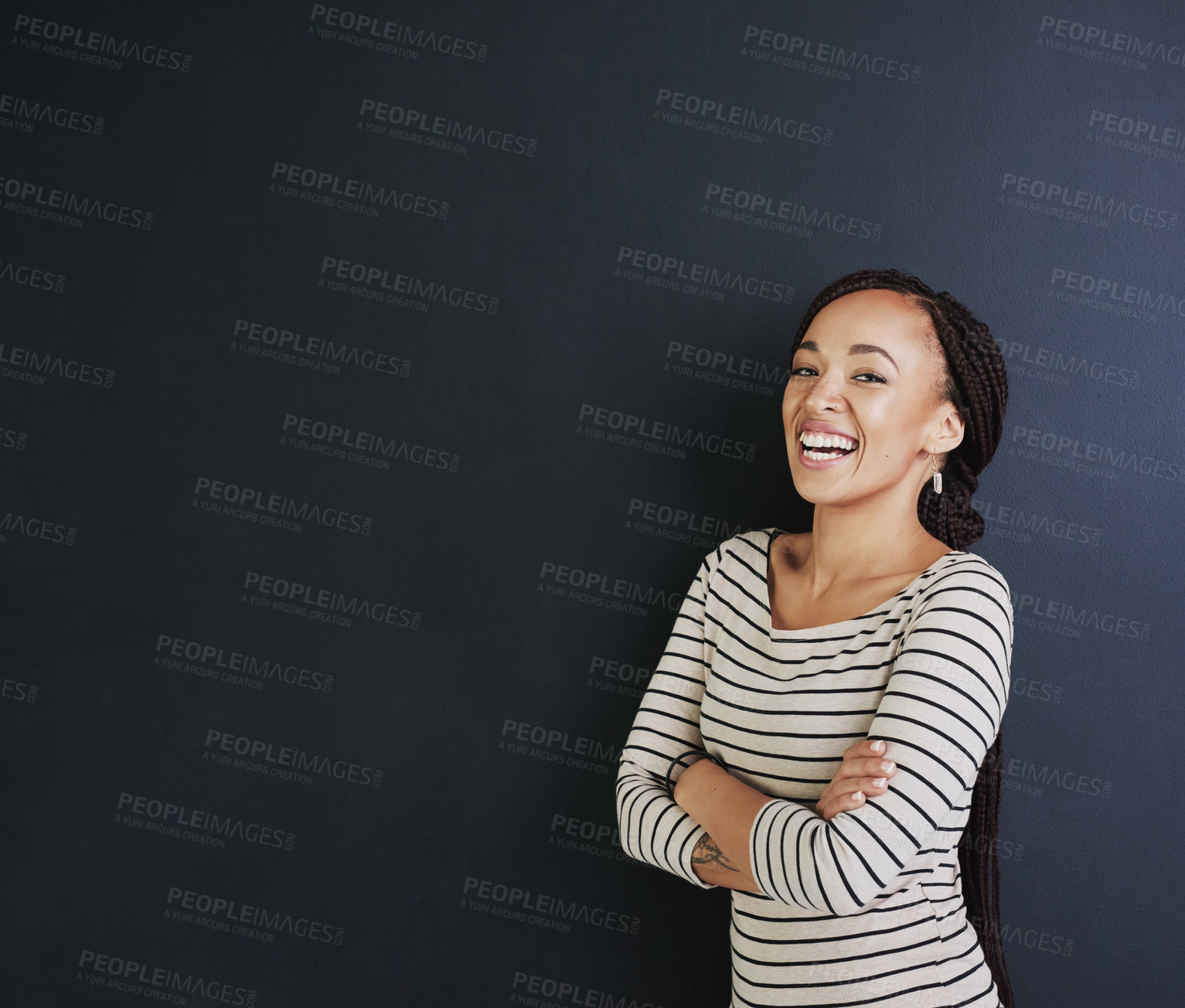 Buy stock photo Portrait, laugh and business woman with arms crossed in studio for career, smile or experience. Face, confidence and African professional, expert or author isolated on black background mockup space