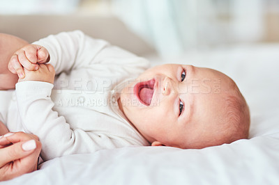 Buy stock photo Laugh, portrait and a baby on the bed with mother for play, bonding and wake up in the morning. Smile, house and a little newborn child in the bedroom for happiness, care and together with mom