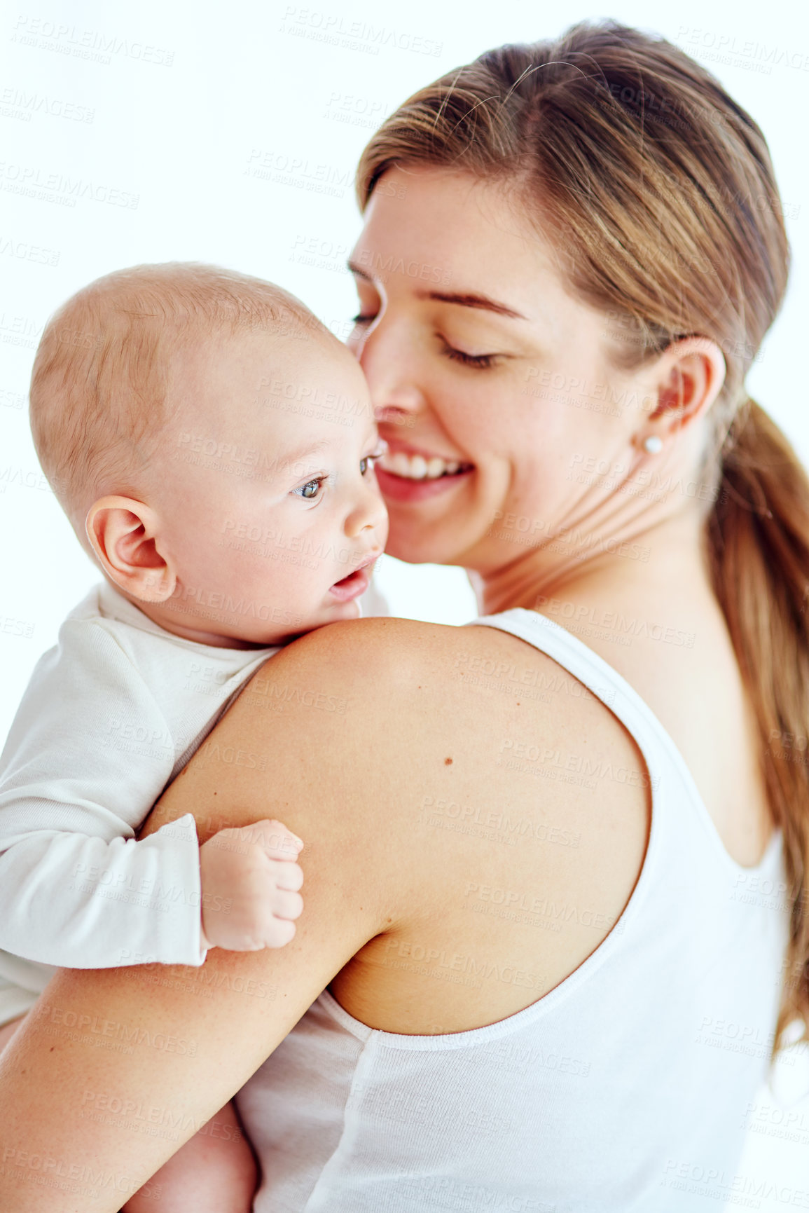 Buy stock photo Happiness, care and baby with mother and hug for security, relax and safety. Growth, support and love with woman and kid bonding in family home for trust, youth and child development together