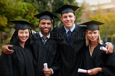 Buy stock photo Portrait, graduation and certificate with student friends outdoor on campus for university or college event. Academy, smile or happy with young man and woman graduate hugging at school for education