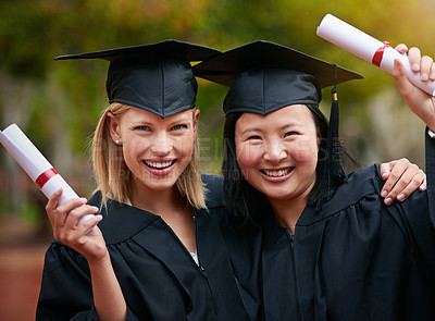 Buy stock photo Portrait, graduation and smile with student friends outdoor on campus for university or college event. Face, certificate and success with young graduate women at school for education or scholarship