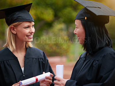 Buy stock photo Graduation, girl friends and study diploma of students with happy communication outdoor. Mockup, female student and campus graduate with happiness and college achievement with diversity and toga