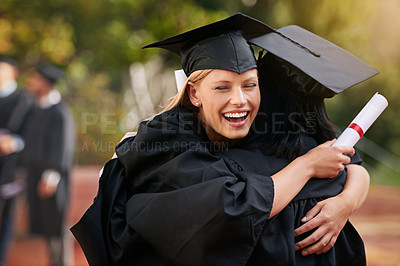Buy stock photo Graduation, smile and hug with student friends outdoor together on campus university or college. Face, love or support and graduate women embracing with certificate for success and achievement