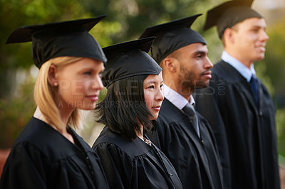 Buy stock photo Face, graduation and woman student in line with friends at outdoor ceremony for college or university. Education, scholarship or achievement with graduate men and women at academic school event