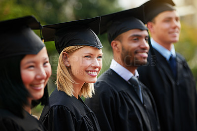 Buy stock photo Graduation, face and woman student in row with friends for university or college ceremony outdoor. Education, scholarship and success with happy young person on campus for achievement or celebration