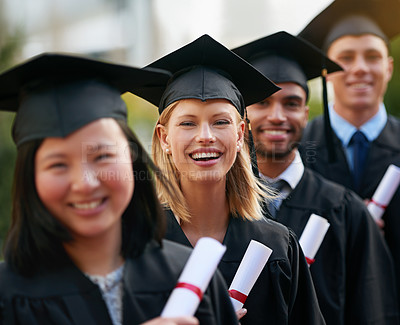 Buy stock photo Portrait, graduation and woman in line with students at college or university for ceremony of achievement. Education, certificate and scholarship with group of happy young friends outdoor on campus