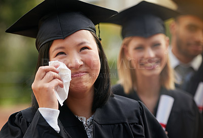 Buy stock photo Students, graduation and woman with crying, achievement and happiness with success or ceremony. Tissue, tears or excited with people or friends with diploma or celebration with degree or university