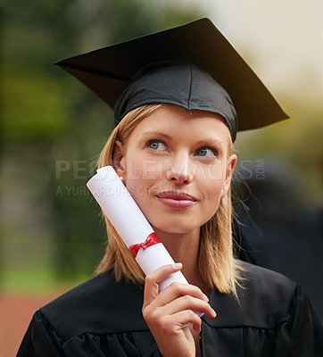 Buy stock photo Graduation, certificate and vision with student woman outdoor on campus for university or college event. Future, planning and thinking with young graduate at school for education or scholarship