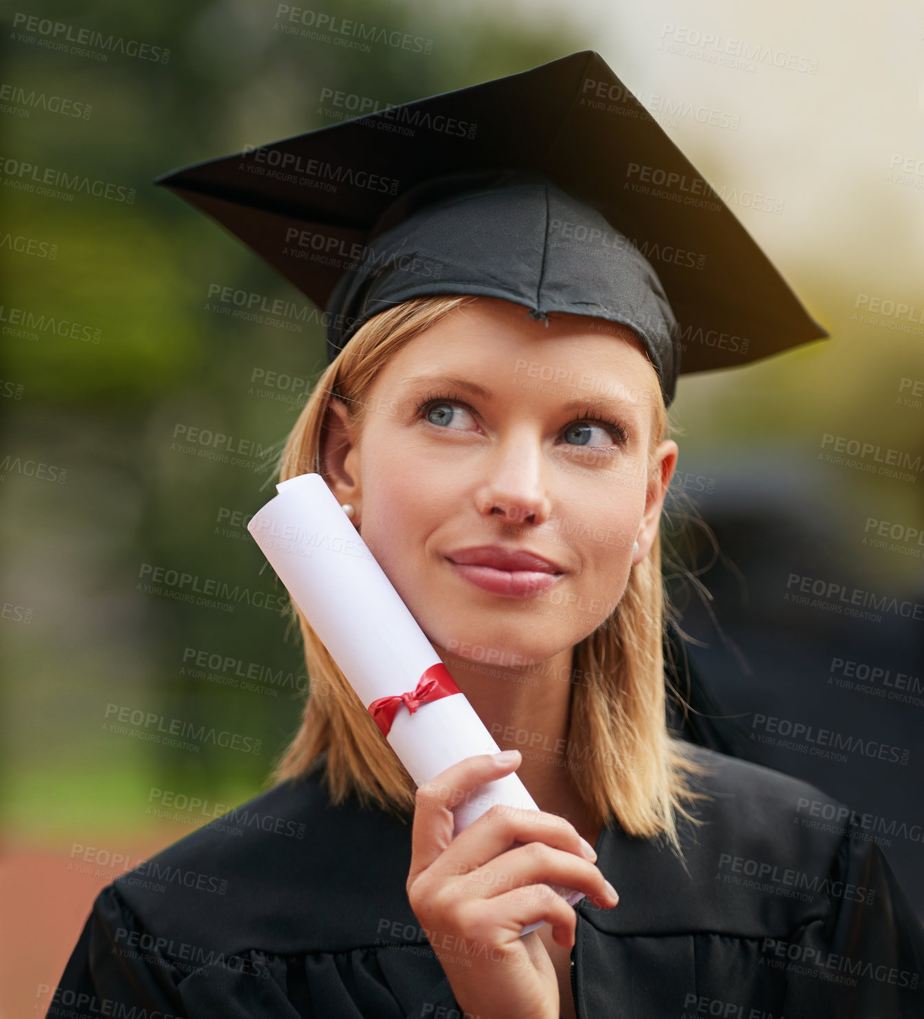 Buy stock photo Graduation, certificate and vision with student woman outdoor on campus for university or college event. Future, planning and thinking with young graduate at school for education or scholarship