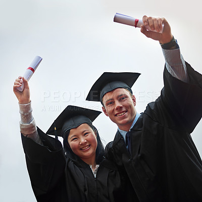 Buy stock photo Portrait, graduation and success with couple of friends on overcast sky for celebration at ceremony. Smile, future or certificate with man and woman student outdoor at university or college together