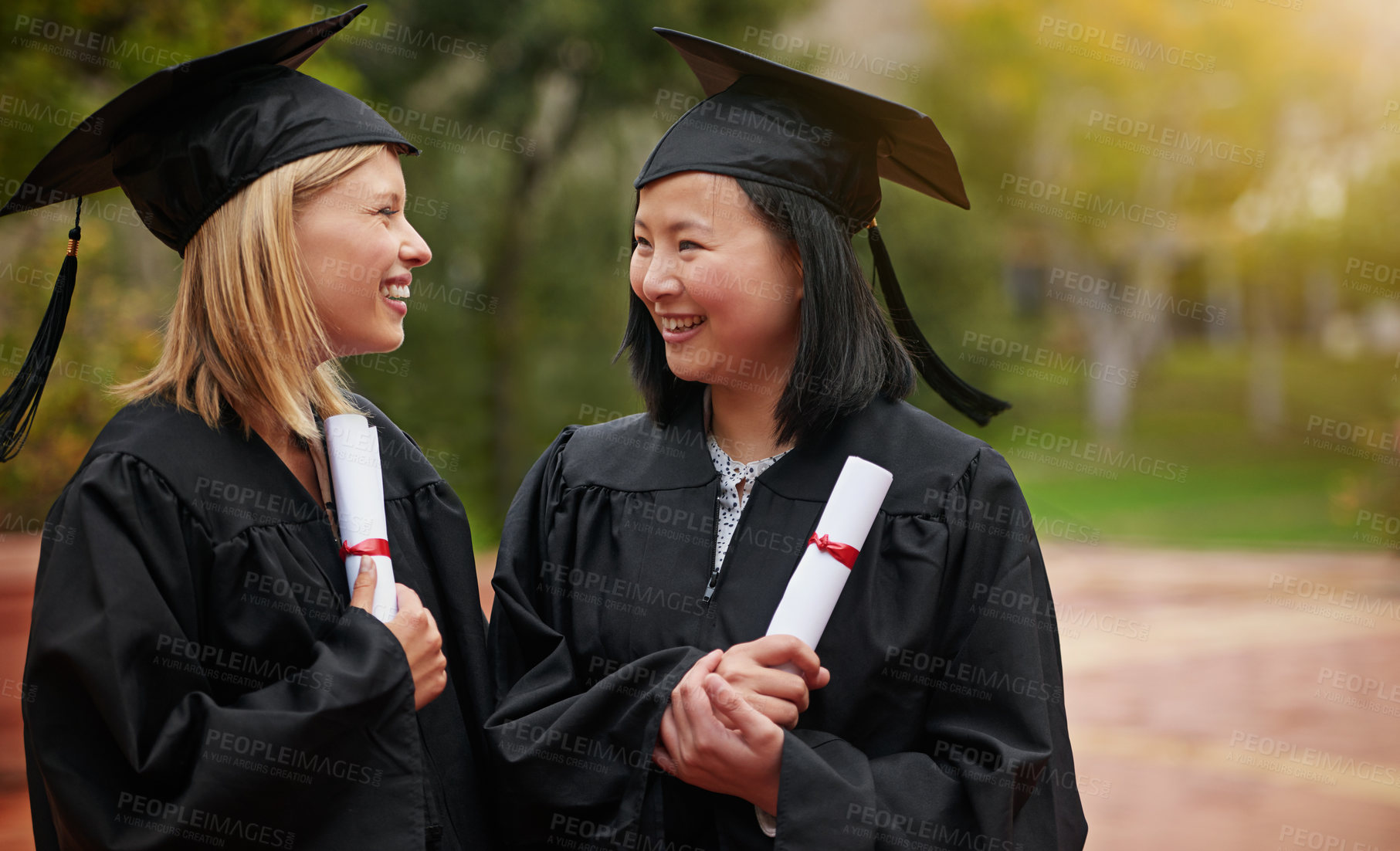Buy stock photo Graduation, girl friends and study certificate of students with happy communication outdoor. Female student and campus graduate with happiness and college achievement with diversity for degree