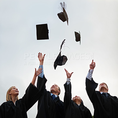 Buy stock photo Graduation, mortar and throw with student friends outdoor on campus for celebration at university ceremony. School, winner and air with graduate group together at college for success or achievement 