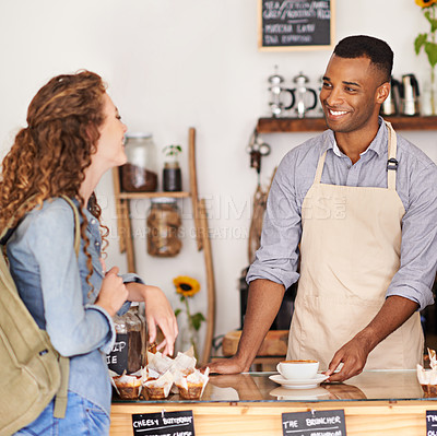 Buy stock photo Coffee, smile and barista serving customer in bakery, cafe or deli for small business retail or food industry. Small business startup or bistro and man server in restaurant with woman consumer