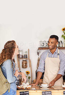 Buy stock photo Coffee, smile and waiter serving customer in bakery, cafe or deli for small business retail or food industry. Small business startup or deli and man barista server in restaurant with woman consumer