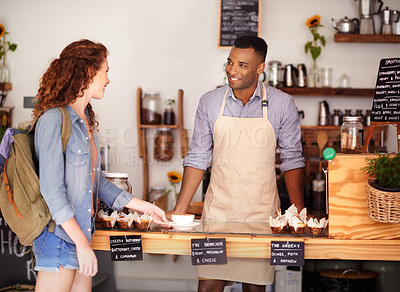 Buy stock photo Coffee, startup and barista serving customer in bakery, cafe or deli for small business retail or food industry. Small business, smile or bistro and man server in restaurant with woman consumer