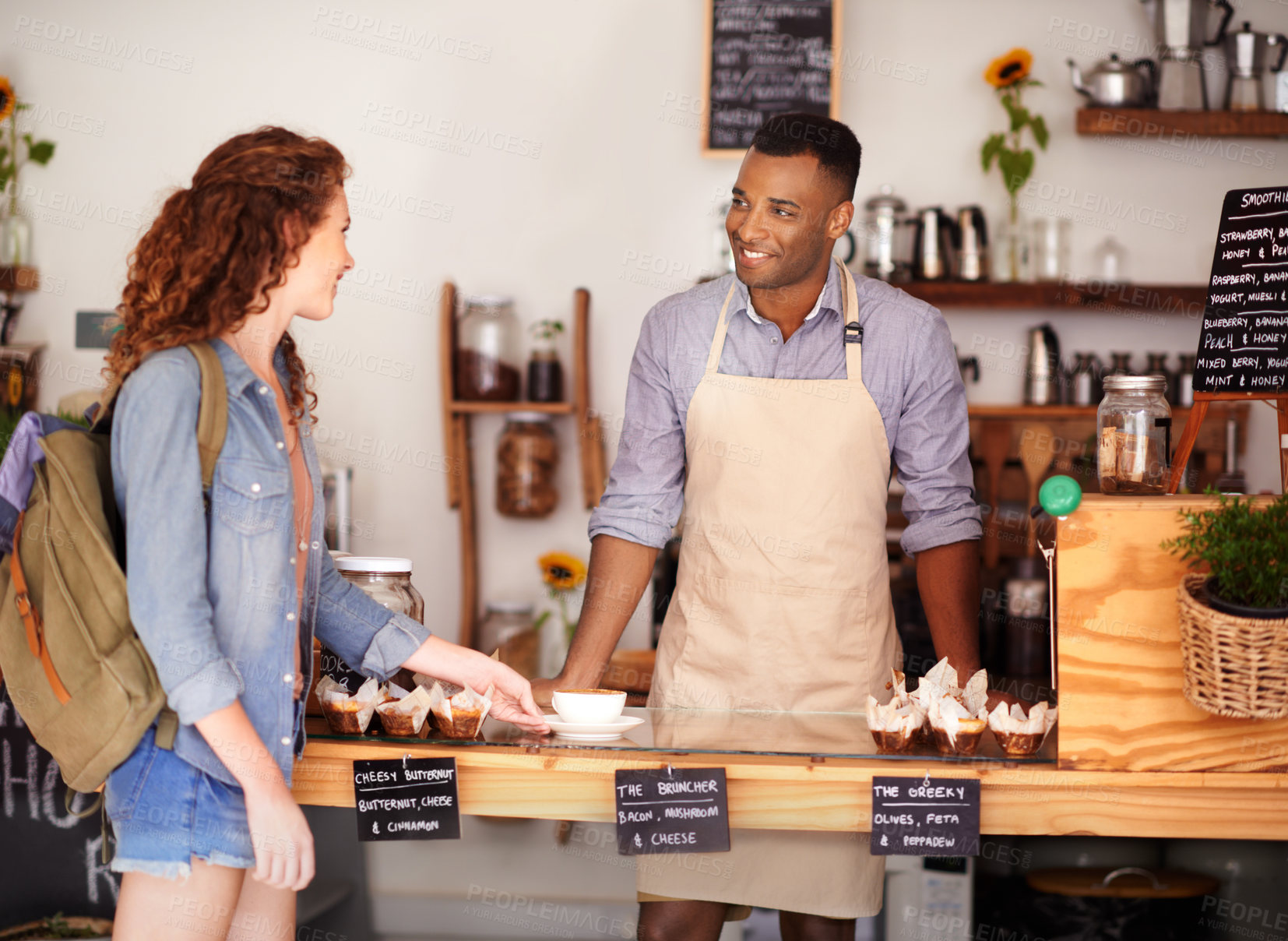 Buy stock photo Coffee, startup and barista serving customer in bakery, cafe or deli for small business retail or food industry. Small business, smile or bistro and man server in restaurant with woman consumer