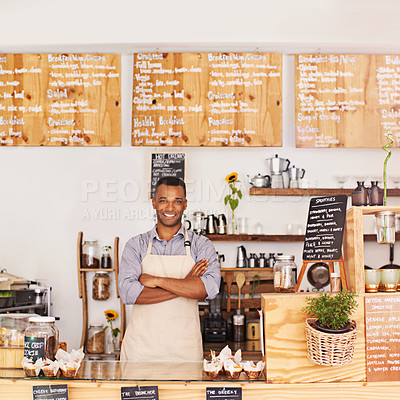 Buy stock photo Portrait, black man and waiter with arms crossed in cafe with pride for career or job. Barista, smile and confidence of African person from Nigeria as restaurant owner, small business and coffee shop