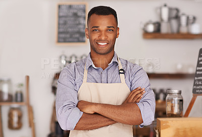 Buy stock photo Black man, portrait smile and barista with arms crossed in cafe with pride for career or job. Waiter, happy and confidence of African person from Nigeria in restaurant, small business and coffee shop