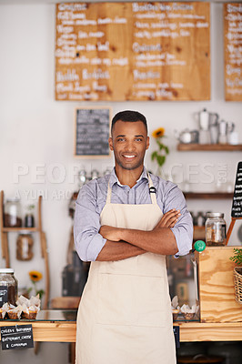 Buy stock photo Black man, portrait smile and waiter with arms crossed in cafe with pride for owner career. Barista, happy and confidence of African person from Nigeria in restaurant, small business and coffee shop