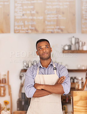 Buy stock photo Owner, black man and thinking of cafe for business as entrepreneur, professional and working as barista. Male person, standing and thoughtful of idea for startup of store for coffee in Cape Town