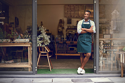 Buy stock photo Thinking, coffee shop and man or small business owner at front door with a smile. Entrepreneur person as barista, manager or waiter in restaurant for service, career pride and startup goals