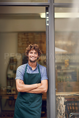 Buy stock photo Management, arms crossed and portrait of man at restaurant as small business owner, coffee shop or waiter. Entrepreneur, happy and smile with professional male barista at front door of cafe and diner
