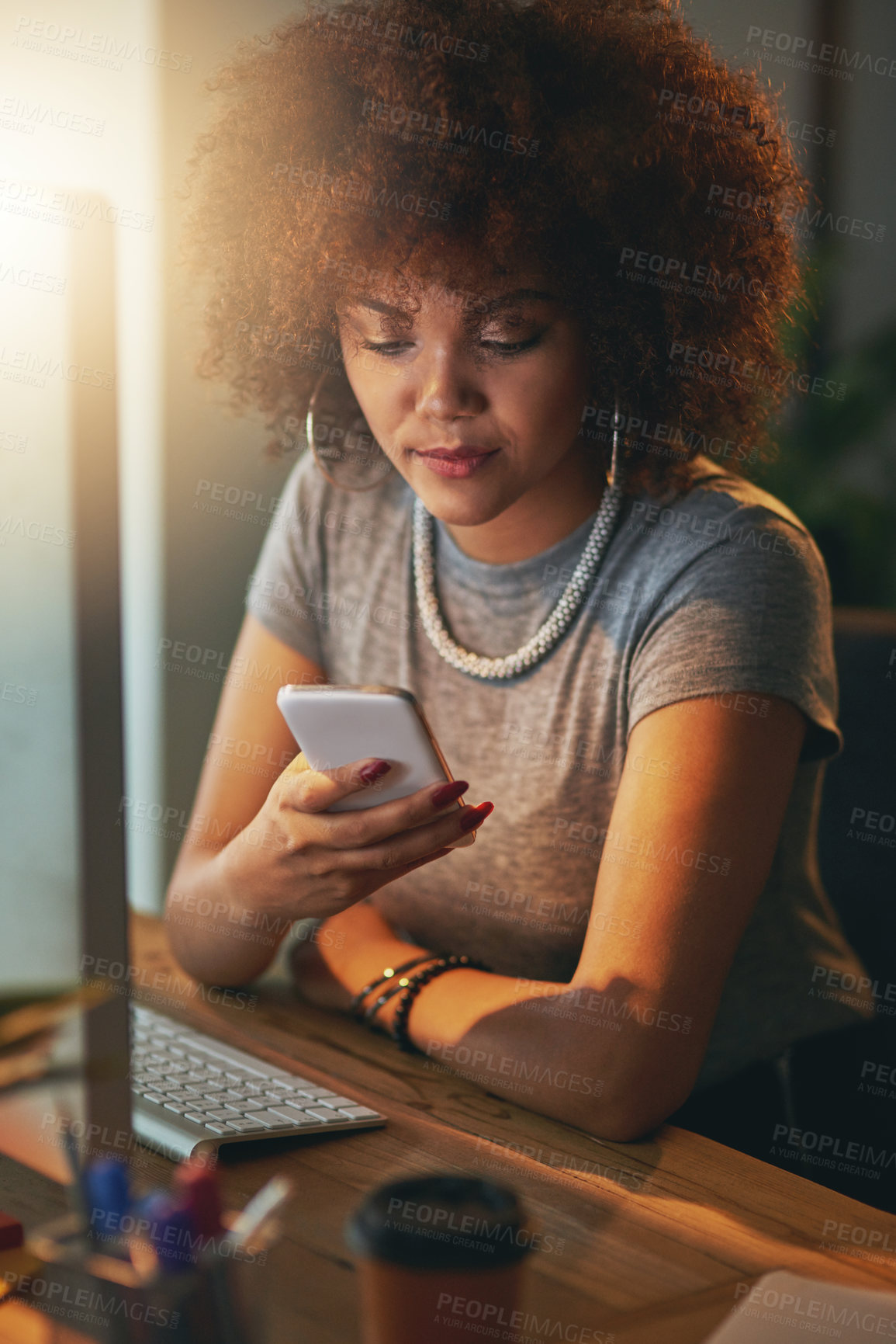 Buy stock photo Night, reading and woman at desk with phone, laptop and search on social media website for networking. Smartphone, scroll and consultant on mobile app for article, email or online chat in dark office