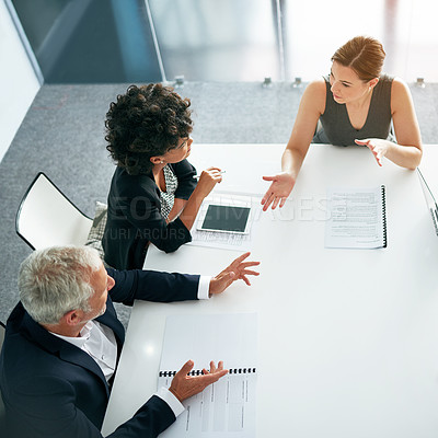 Buy stock photo People in business meeting, collaboration and planning top view, project management and paperwork. Teamwork, man and women in strategy discussion with market research and mission in conference room