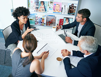 Buy stock photo Business people at pitch meeting, planning and teamwork for new magazine with discussion at media agency. Communication, collaboration with men and women talk about publication and editorial mission