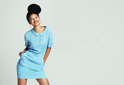 Buy stock photo Studio shot of a young woman wearing a vintage outfit