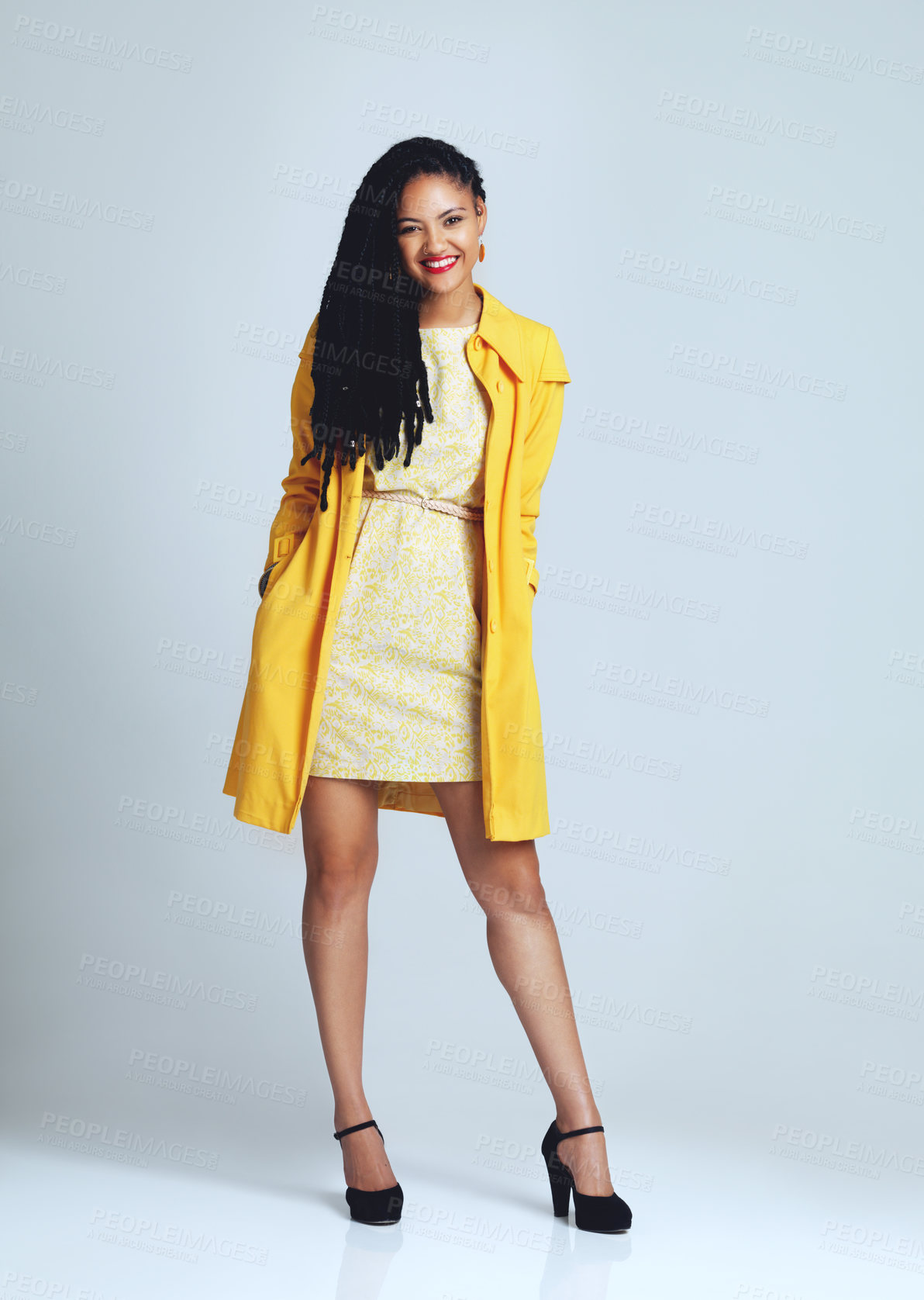 Buy stock photo Portrait, fashion and woman with smile, glamour and confident girl on gray studio background. Face, person and model with trendy clothes, happiness and classy with pride, mockup space and formal wear