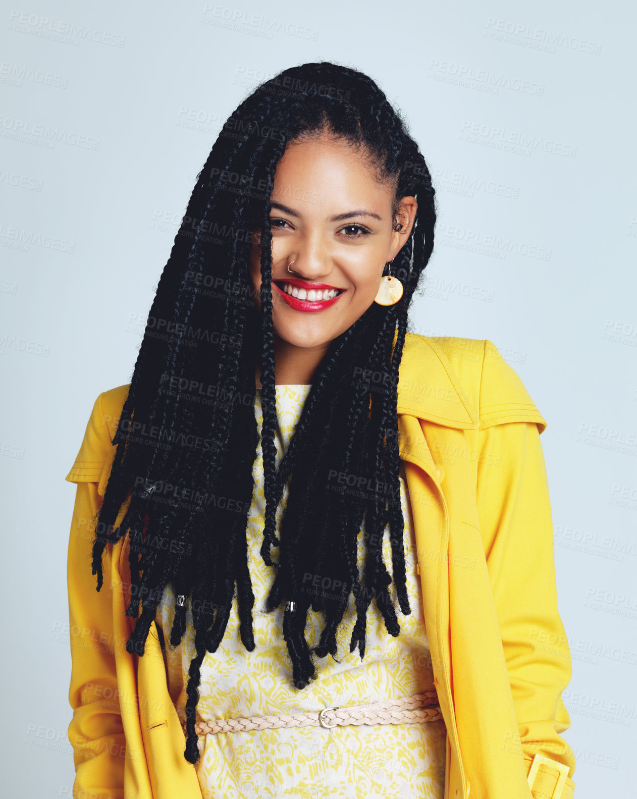 Buy stock photo African woman, hair or business owner smile with braids, stylish dreadlocks or trendy fashion. Face, happy professional or creative entrepreneur or hairdresser in makeup on studio background in Ghana