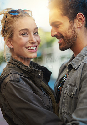 Buy stock photo Shot of a young couple out in the city