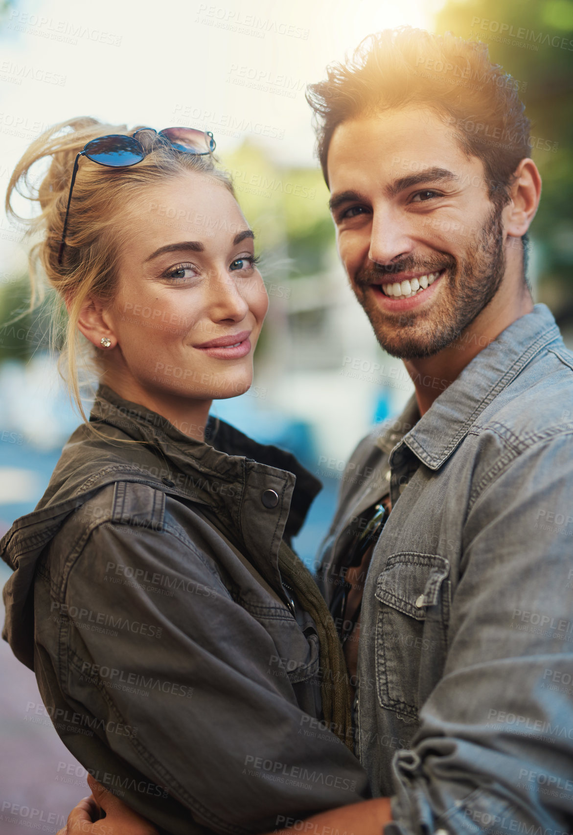 Buy stock photo Hug, couple and portrait for care in vacation, adventure and bonding together in California outdoor. Happy people, boyfriend and girlfriend in committed relationship, dating and connection with smile