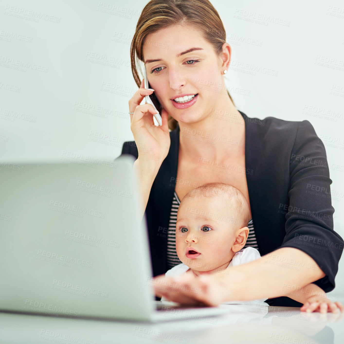 Buy stock photo Phone call, laptop and working mom with baby in studio with communication for business proposal. Computer, networking and lawyer multitasking with with cellphone and infant child by white background.