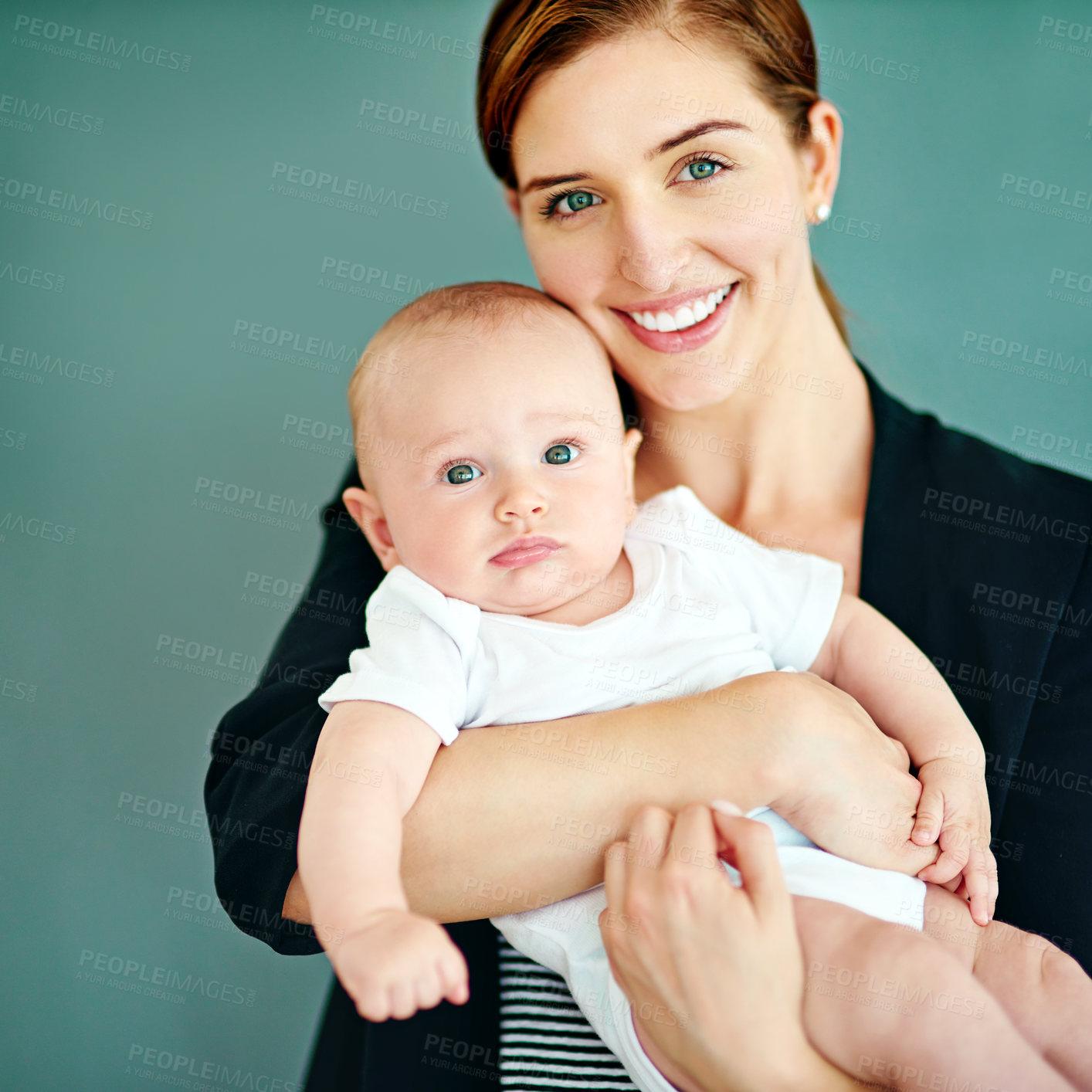 Buy stock photo Business woman, baby and mother in studio for motherhood, ambition or bonding with background. Lawyer, portrait and carrying child with pride for support, responsibility and single mom with smile