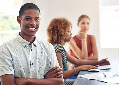 Buy stock photo Man, smile and portrait at meeting, arms crossed and startup with group project in office at company. Person, happy and pride with people, documents and small business with team at creative agency